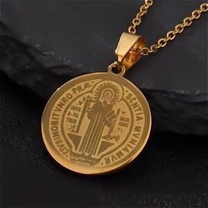 “Saint Benedict Medal” Gold Stainless Steel Cross Protection Catholic Necklace